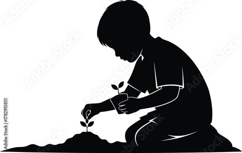 Silhouette of a child planting a young tree, kid gardening illustration, environmental education, eco care and sustainability concept vector design
