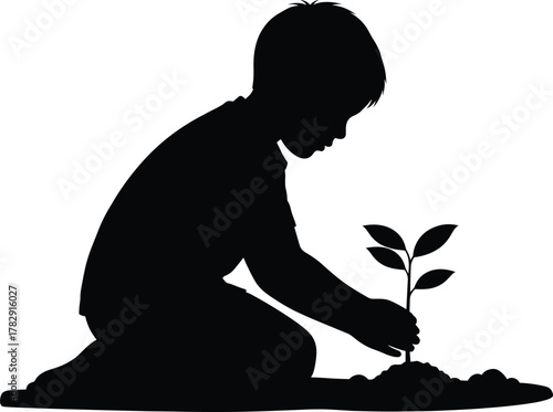 Silhouette of a child planting young tree, environmental education, eco awareness, nature protection, sustainability, growth and care illustration for eco-friendly concept