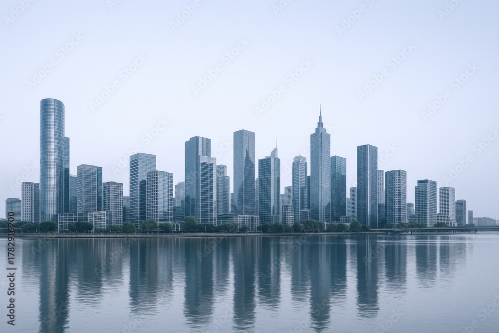 Fototapeta premium Modern Cityscape Reflection in Water: A Serene Urban Skyline with Contemporary Architecture and Clear Sky