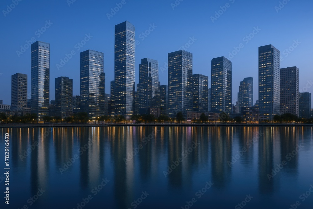 Obraz premium Cityscape Reflection at Dusk: Modern Skyline with Towering Skyscrapers and Calm Water