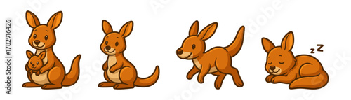 Kangaroo cartoon icons, australian animals, cute jumping kangaroo, wildlife illustration, safari set