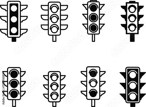 Traffic light outline vector icons set, road signal collection illustration, urban transport safety concept, city intersection control, stoplight design, transportation regulation symbol