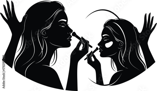Woman applying makeup in front of mirror, beauty routine illustration, cosmetic brush and skincare, feminine self care, fashion style silhouette vector design