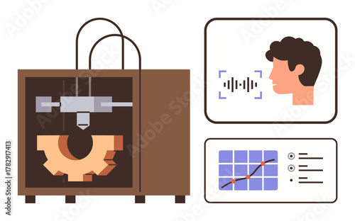3D printer crafting mechanical gear, AI voice recognition profile, and performance data chart. Ideal for technology, innovation, engineering, AI integration, manufacturing, automation modern tools