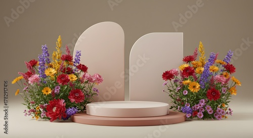 Minimalist Product Display Stage with Colorful Floral Arrangement