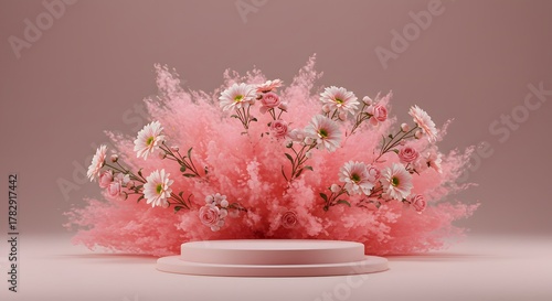 Pink Flowers and Smoke Explosion on Pedestal