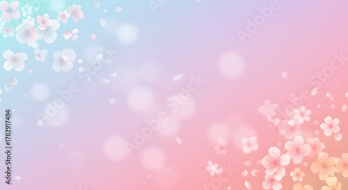 Soft Pastel Gradient Background with Falling Cherry Blossoms and Bokeh