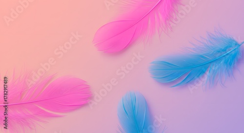 Soft Pink and Blue Feathers Floating on Pastel Gradient Background