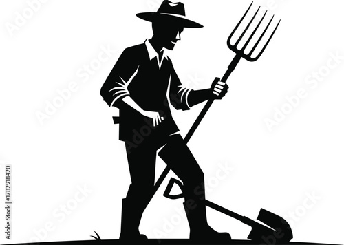 Silhouette farmer holding pitchfork and shovel, standing in field, agriculture worker concept, rural farming lifestyle vector illustration design