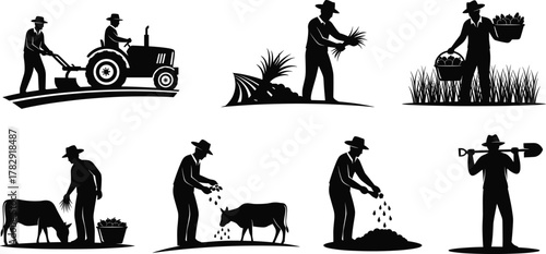 Silhouette farmer working in field, planting crops, feeding cattle, harvesting vegetables, using tractor, rural agriculture lifestyle concept vector illustration design