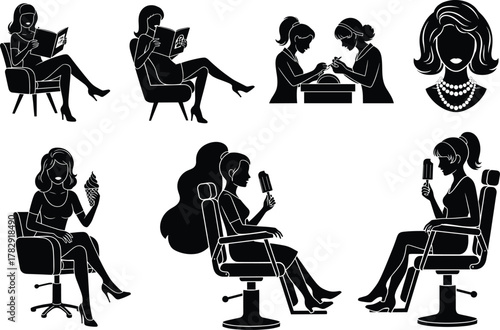 Vector illustration of women in beauty salon activities, reading magazine, doing manicure, enjoying ice cream and hairstyle services, elegant lifestyle design concept