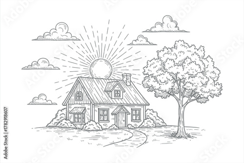 Sunrise over a rural cottage illustration