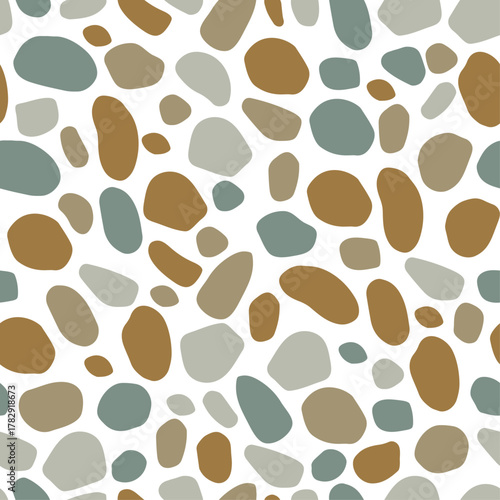 Vector pattern featuring smooth river pebbles or beach stones, creating a textured background ideal for nature themed web graphics, relaxation banners, landscape design, and natural surface concepts.