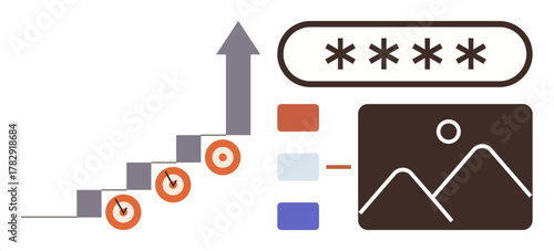 Arrow over a staircase, growth chart, security password, and image icon layout. Ideal for business, security, analytics, progress visualization workflow growth and achievement goals. Simple flat