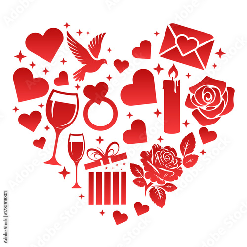 Vector illustration featuring roses, champagne flutes, candle, and gift box that form a large heart shape, ideal for Valentine's day advertisements, wedding media, and love themed graphics