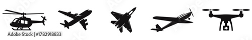 Black aircraft silhouette icons, including a helicopter, various stylized airplanes, a propeller plane, and a drone for use as design elements in aviation or technology focused digital media posts.