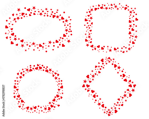 Vector collection of festive frames and borders, composed of scattered hearts, stars, and tiny dots, ideal for romantic event invitations, wedding announcements, and Valentines Day greeting cards.