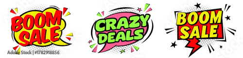 Collection of three comic style sale labels, featuring bold typography reading Boom Sale and Crazy Deals inside speech bubbles for use in digital media posts and commercial web banner promotions.