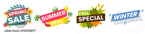 Vector collection of seasonal banners featuring spring, summer, fall, and winter sale designs with decorative leaves, flowers, and festive elements for digital media posts and holiday promotions.