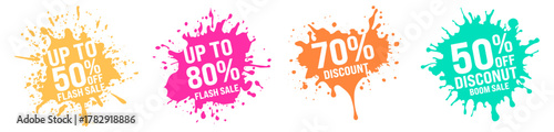Collection of four paint splash labels featuring percentage discounts and text like Flash Sale, Boom Sale, and Discount, for media posts, promotional graphics, and web banner advertisements.