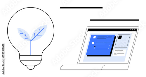 Light bulb with leaf symbolizes eco-friendly innovation. Laptop screen shows tech design, data insights. Ideal for sustainability, innovation, technology, energy efficiency, eco-solutions, digital