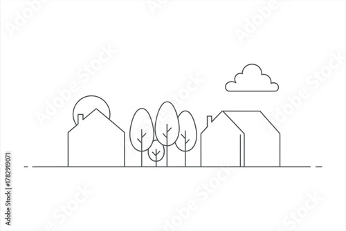 Suburban landscape line art illustration