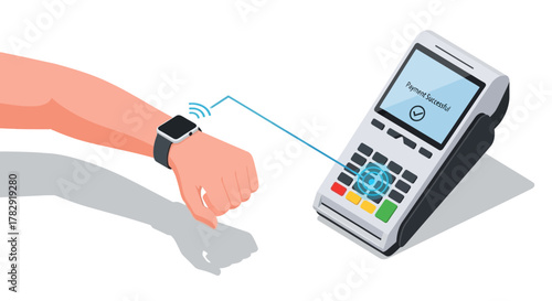 Contactless Payment Smartwatch and Terminal Illustrating Successful Transaction
