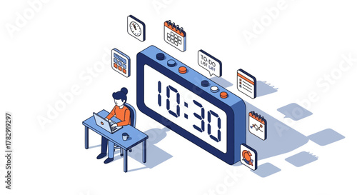 Digital Clock and Planner with Person Working on Laptop Isometric View