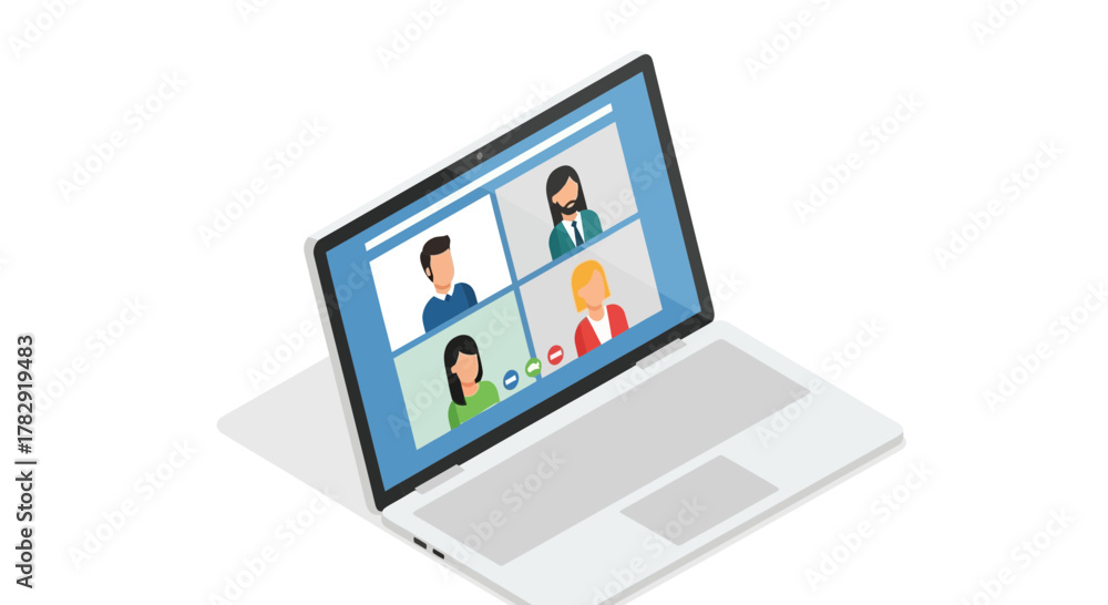 Naklejka premium Isometric Laptop Displaying Video Conference with Four Diverse Participants