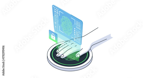 Isometric Fingerprint Scan with Digital Interface and Security Lock Icon