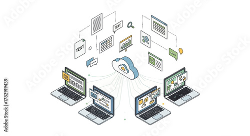 Isometric Illustration of Cloud Computing and Data Sharing Network
