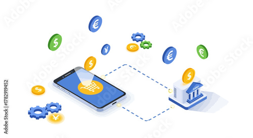 Isometric Illustration of Mobile Banking and Online Shopping Transactions