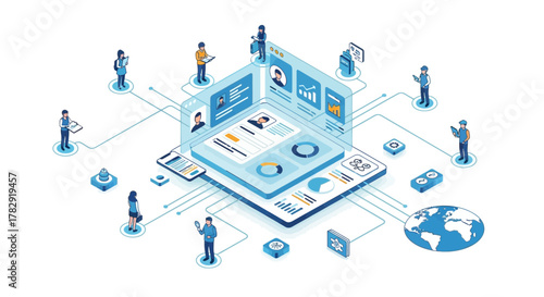 Isometric Illustration of Data Analysis and Global Network with People Interacting