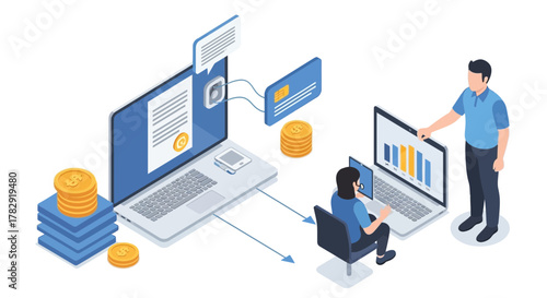 Isometric Illustration of Online Transactions and Financial Data Analysis