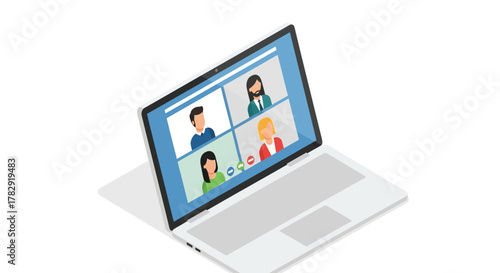 Isometric Laptop Displaying Video Conference with Four Diverse Participants