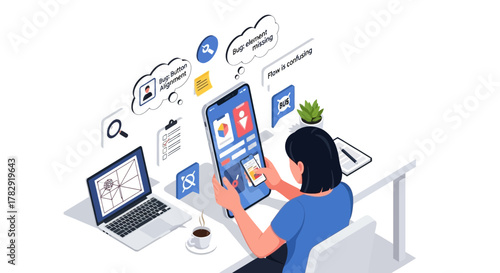 Software Developer Debugging Mobile App Interface with Laptop and Coffee