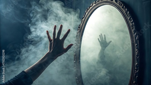 A hand reaching toward an oval mirror with a smoky reflection and dark blue background with smoke
