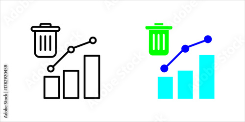 Waste_Management_Progress_Chart_Iconset.illustration showing a bar graph with an upward trend line and a trash can symbol on top. This is presented in three styles (outline, solid, and color)