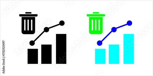 Waste_Management_Progress_Chart_Iconset.illustration showing a bar graph with an upward trend line and a trash can symbol on top. This is presented in three styles (outline, solid, and color)
