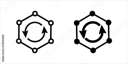 Hexagon_Recycle_Chemical_Loop_Process_Icon olid black vector icon illustration showing a hexagon structure made of connected nodes (representing a chemical or digital structure) with two circular arro