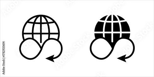 Global_Loop_Circular_Economy_Sustainability_Icon ector icon illustration showing a stylized globe (Earth) above an infinity symbol with arrows, representing a continuous loop or cycle. The icon is pre