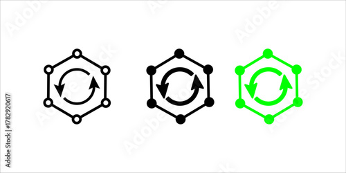 Hexagon_Recycle_Chemical_Loop_Process_Icon olid black vector icon illustration showing a hexagon structure made of connected nodes (representing a chemical or digital structure) with two circular arro