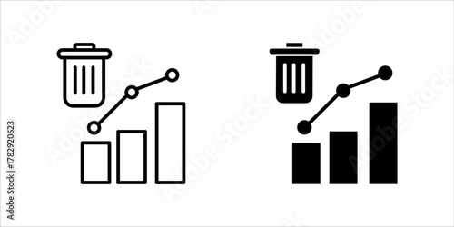Waste_Management_Progress_Chart_Iconset.illustration showing a bar graph with an upward trend line and a trash can symbol on top. This is presented in three styles (outline, solid, and color)