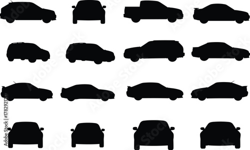Car silhouettes vector collection, black sedan SUV pickup and hatchback vehicle icons set, automotive design illustration for transport, traffic and mobility concept art