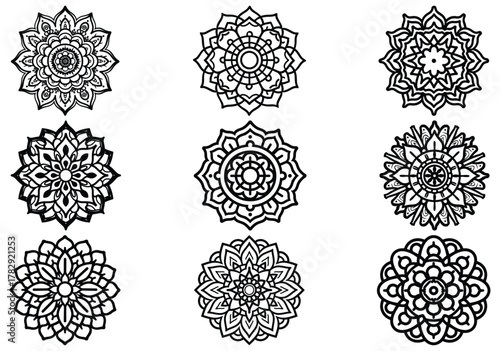 mandala design black line icon Intricate featuring floral patterns and circular shapes vector illustration.