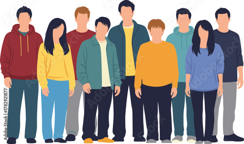 Casual group of young people standing together, friendship and teamwork concept illustration, modern youth community vector for education and social connection design