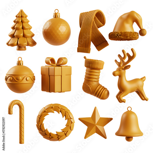 Set of 3D Decorative Golden Christmas Icons on Transparent Background