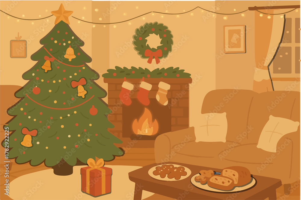 Fototapeta premium Cozy Family Christmas Living Room with Tree, Fireplace, and Holiday Decorations