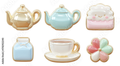 Colorful Cartoon Teapots and Cup Icons with Playful Designs on Transparent Background