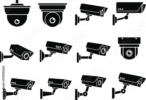 CCTV security camera icons vector, surveillance system illustration, PTZ and wireless monitoring devices, safety and protection technology for home, office, and business use